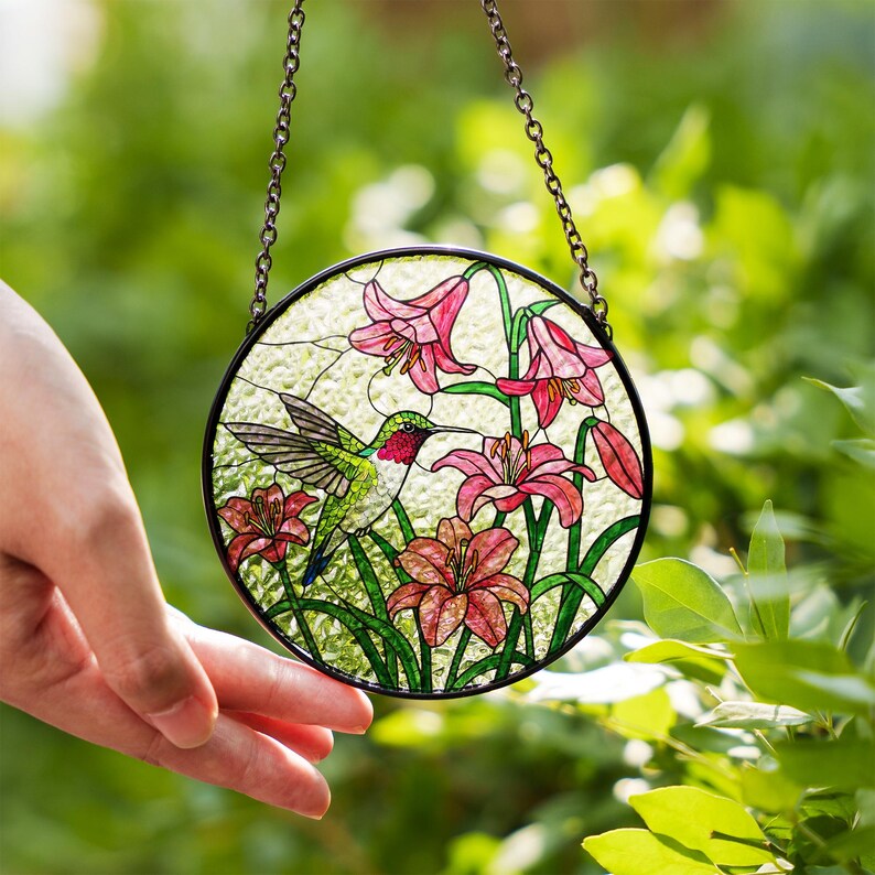 Hummingbird and Pink Lily Stained Glass Suncatcher