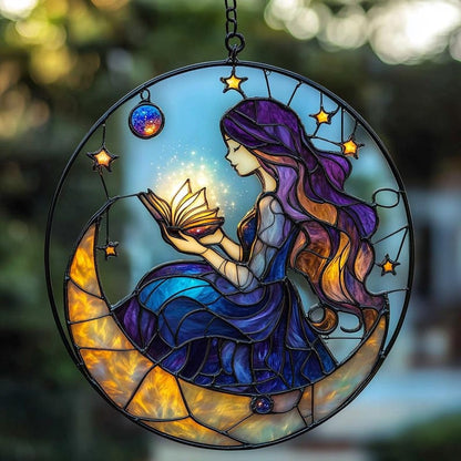 Moon Fairy – Celestial Stained Glass Suncatcher Girl with Book