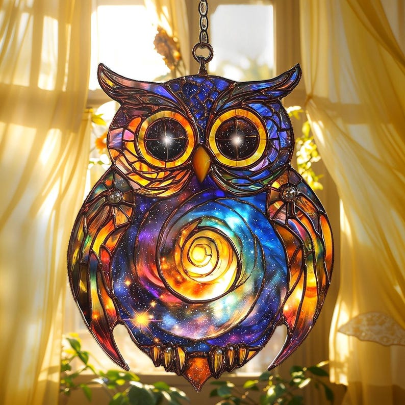 Cosmic Owl Stained Glass Suncatcher