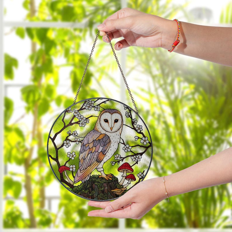 Mystical Barn Owl Stained Glass Suncatcher