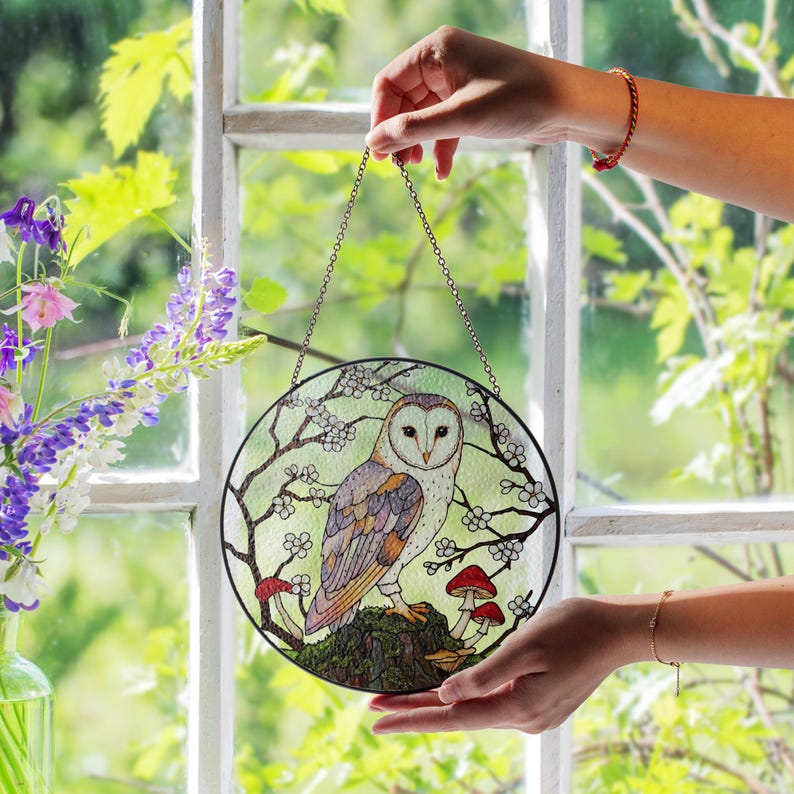 Mystical Barn Owl Stained Glass Suncatcher