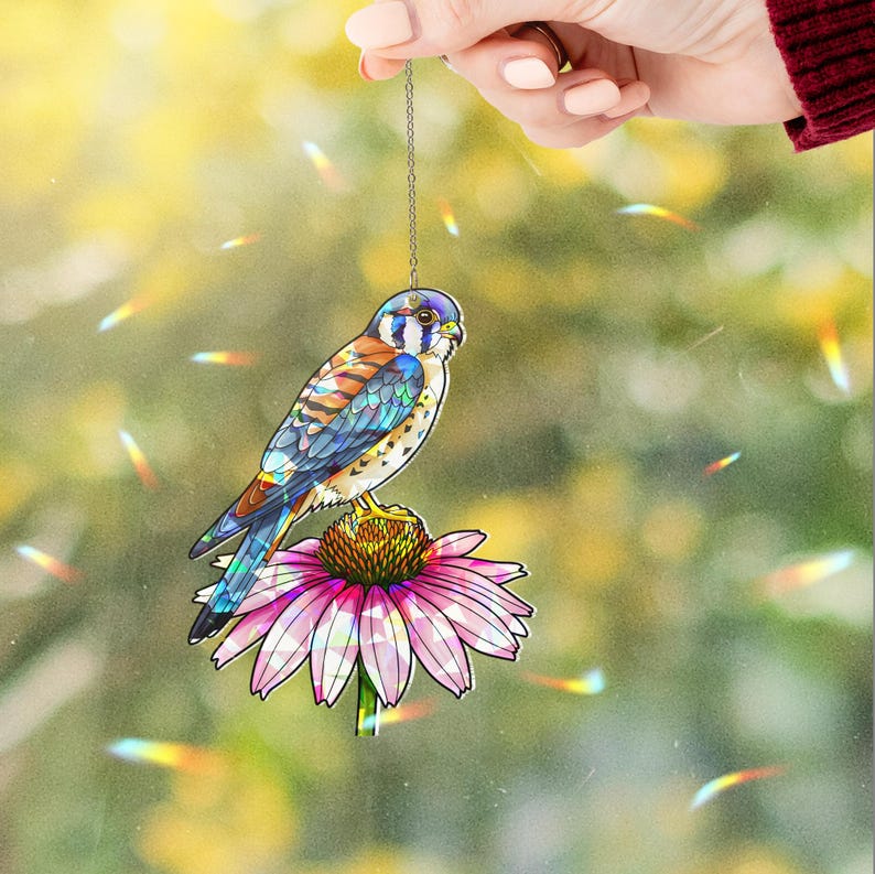 Kestrel and Pink Coneflower Stained Glass Suncatcher