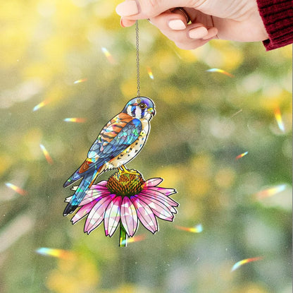 Kestrel and Pink Coneflower Stained Glass Suncatcher