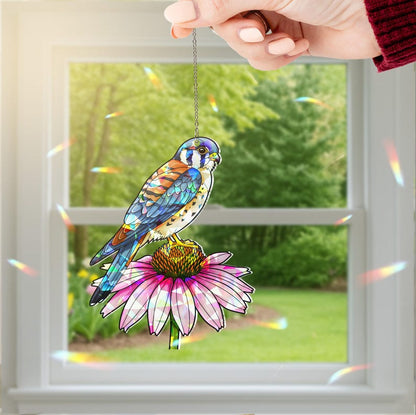 Kestrel and Pink Coneflower Stained Glass Suncatcher
