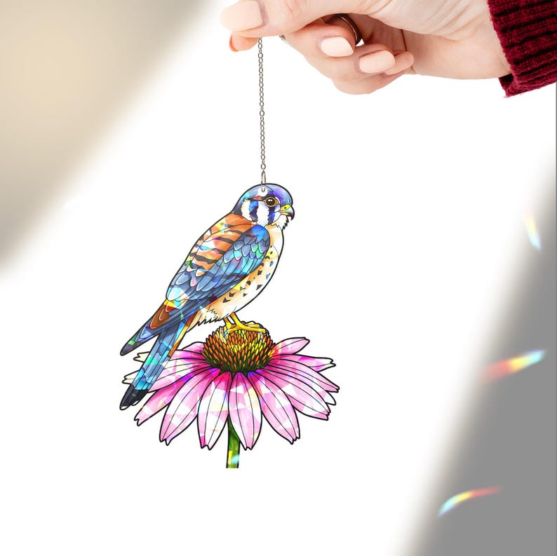 Kestrel and Pink Coneflower Stained Glass Suncatcher