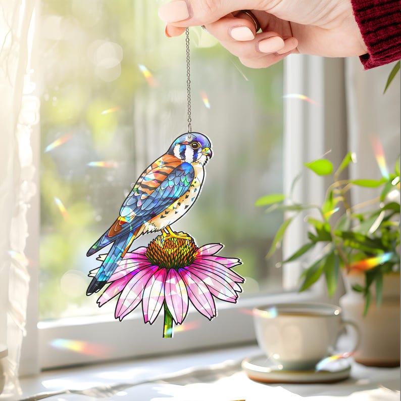 Kestrel and Pink Coneflower Stained Glass Suncatcher