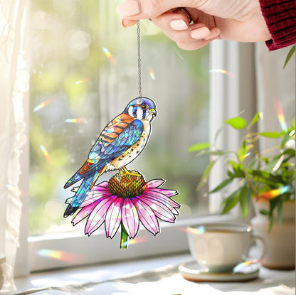 Kestrel and Pink Coneflower Stained Glass Suncatcher