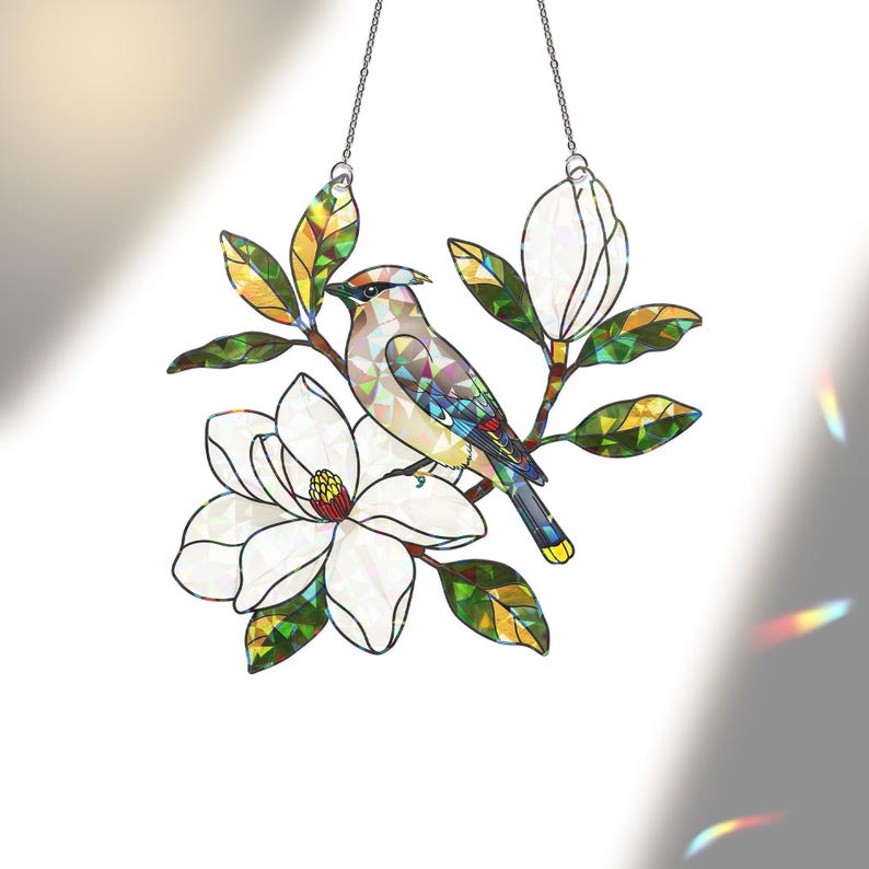 Cedar Waxwing Stained Glass Suncatcher