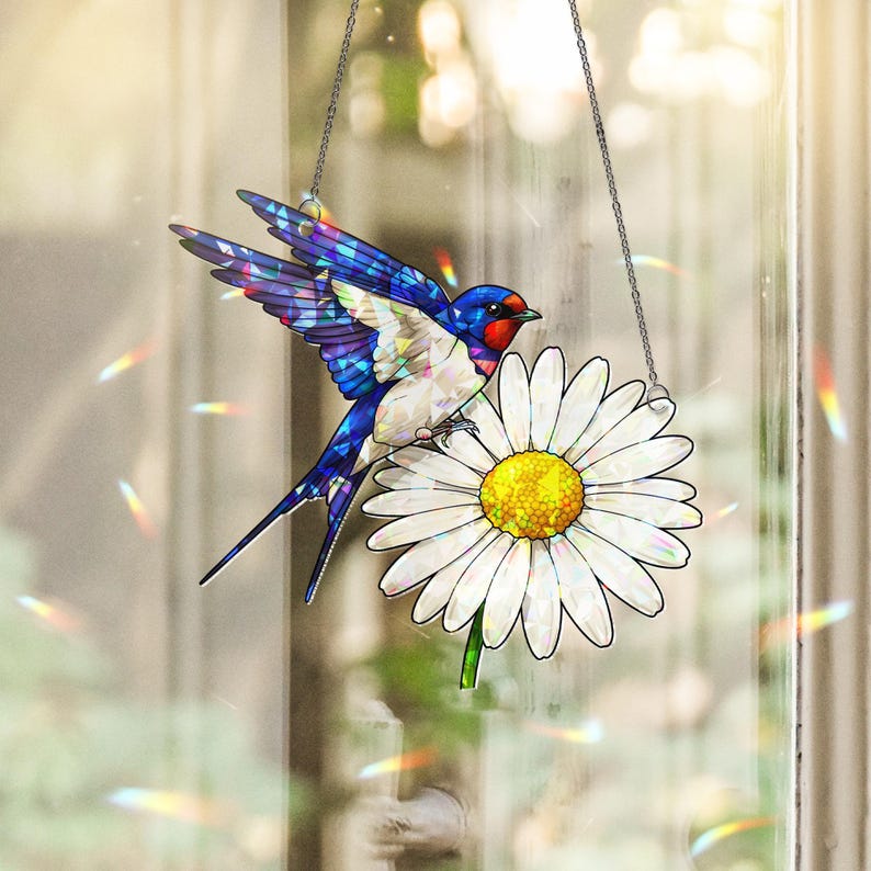 Barn Swallow Daisy Stained Glass Suncatcher