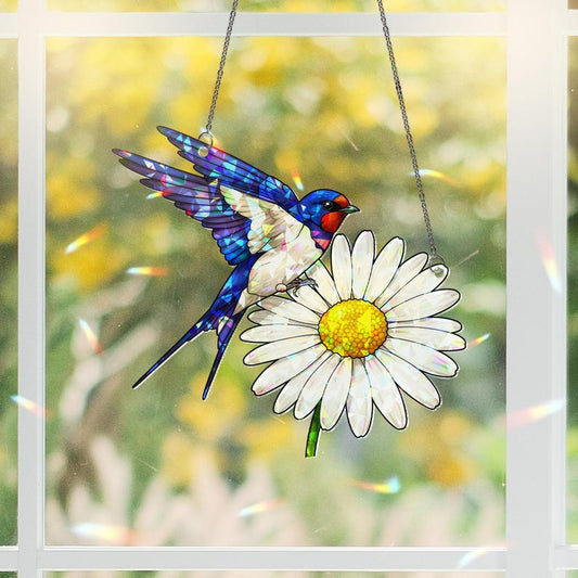 Barn Swallow Daisy Stained Glass Suncatcher