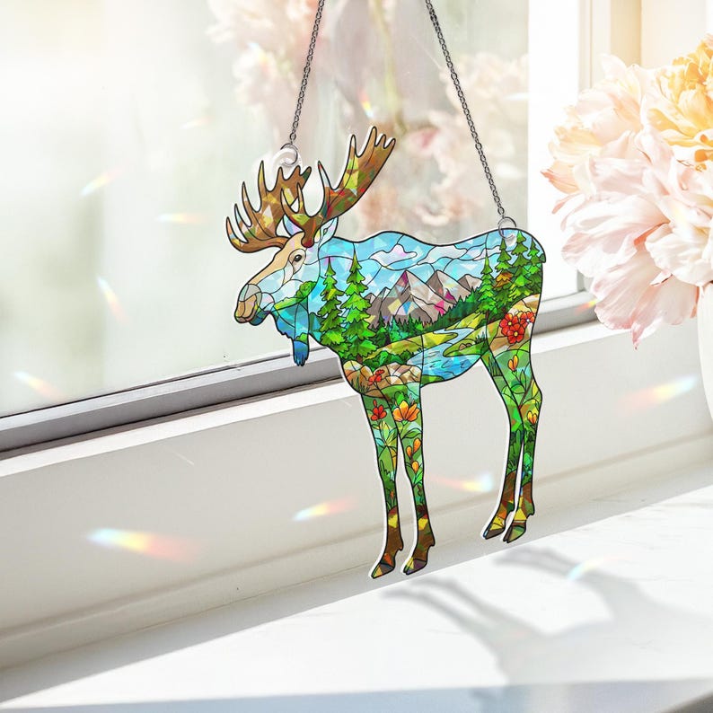 Rustic Moose Nouveau Stained Glass Suncatcher
