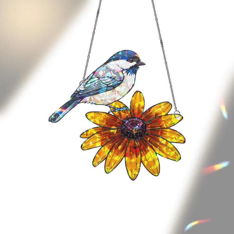 Chickadee & Black-Eyed Susan Stained Glass Suncatcher