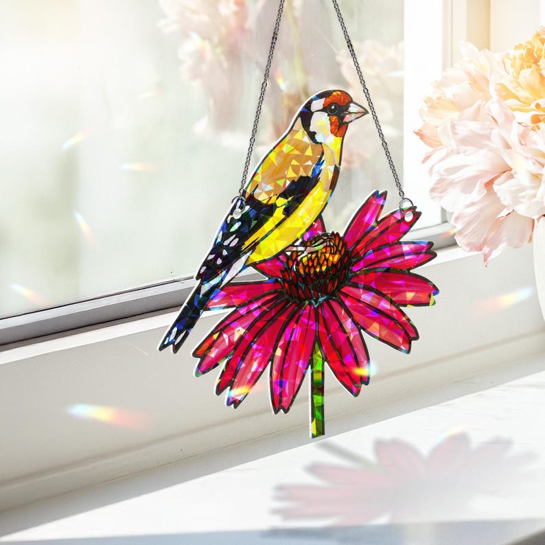 Goldfinch & Coneflower Stained Glass Suncatcher