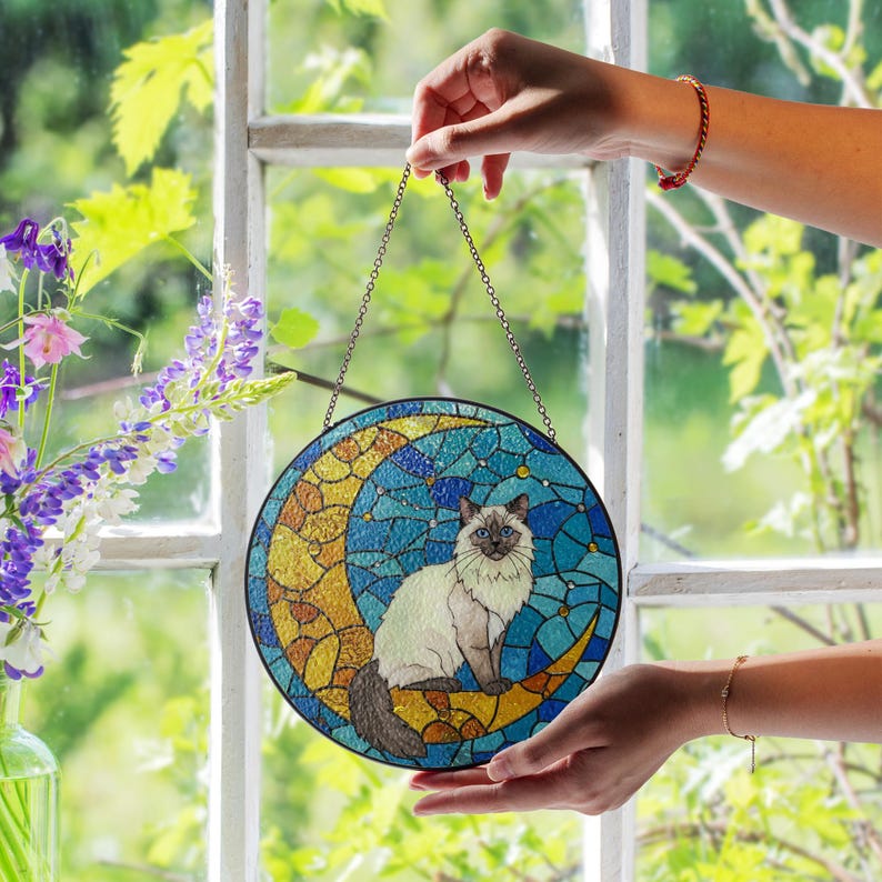 Cat On Moon Stained Glass Suncatcher