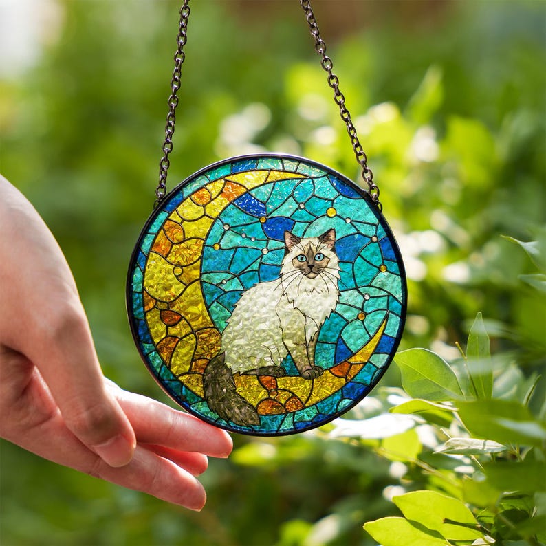 Cat On Moon Stained Glass Suncatcher