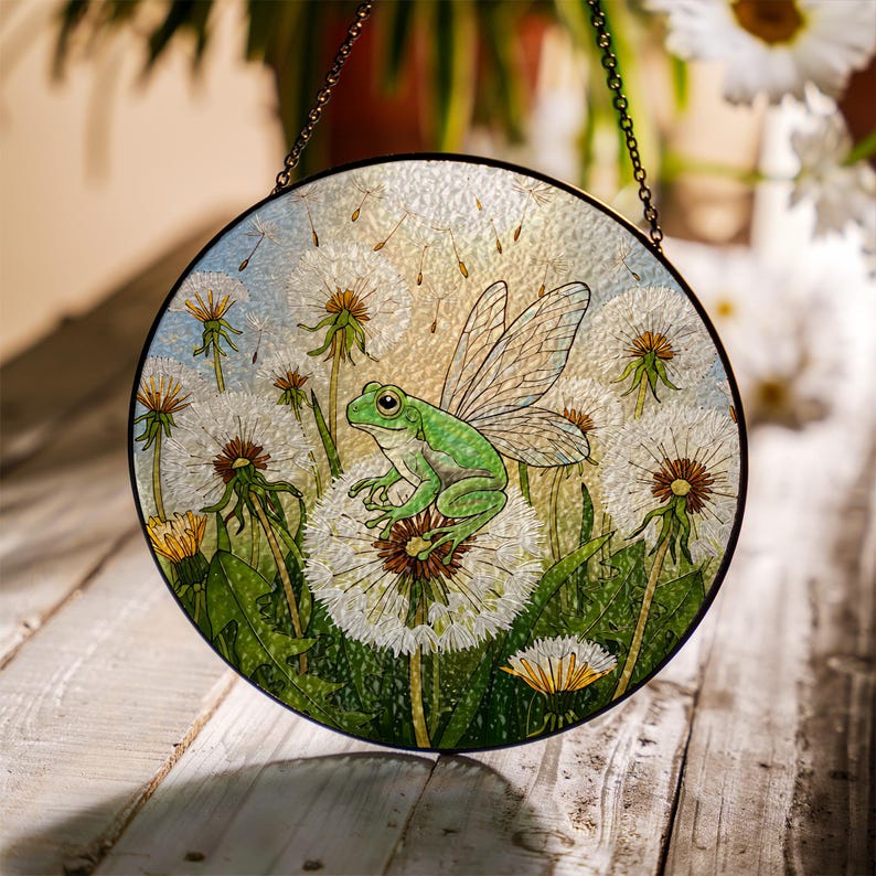 Fairy Frog And Dandelion Flower Stained Glass Suncatcher