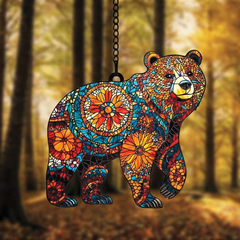 Mandala Bear Stained Glass Suncatcher