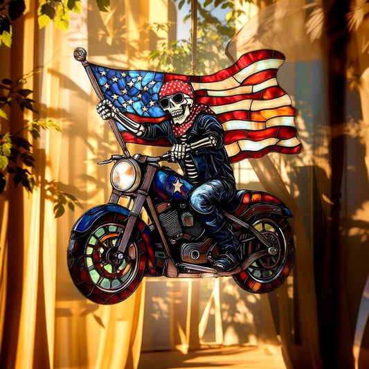 USA Skull Rider Stained Glass Suncatcher