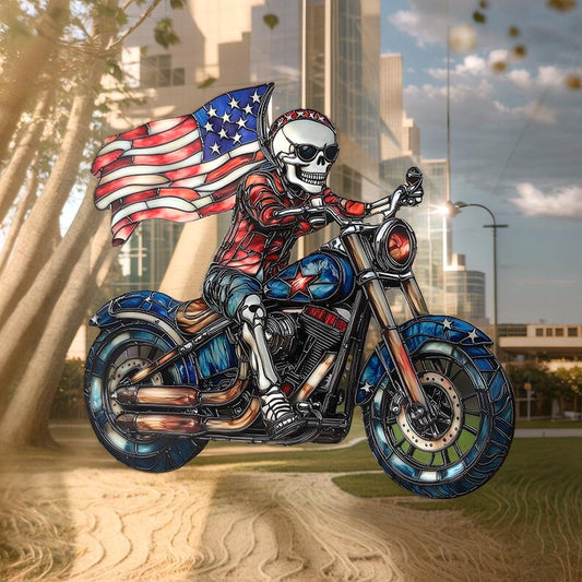 USA Skull Rider Stained Glass Suncatcher