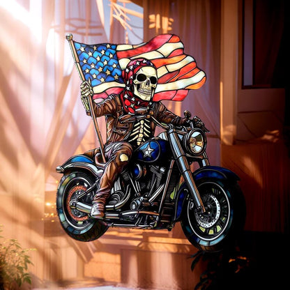 USA Skull Rider Stained Glass Suncatcher