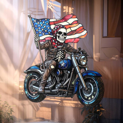 USA Skull Rider Stained Glass Suncatcher