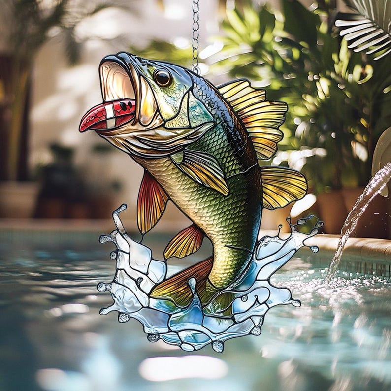 Jumping Bass Stain Glass Suncatcher