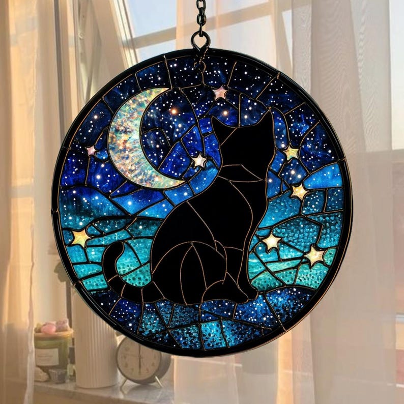 Celestial Cat Stained Glass Suncatcher
