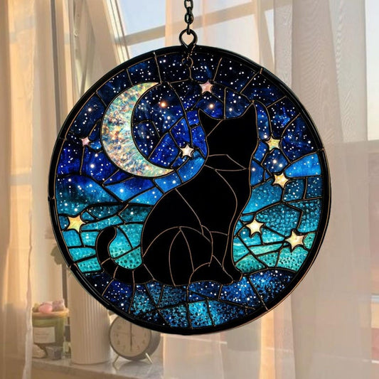 Celestial Cat Stained Glass Suncatcher