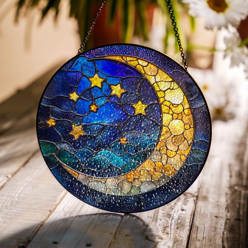 Moon and Stars Stain Glass Suncatcher