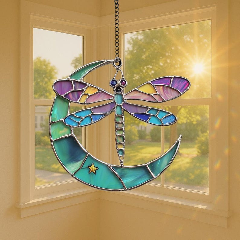 Dragonfly and Crescent Moon Stain Glass Suncatcher
