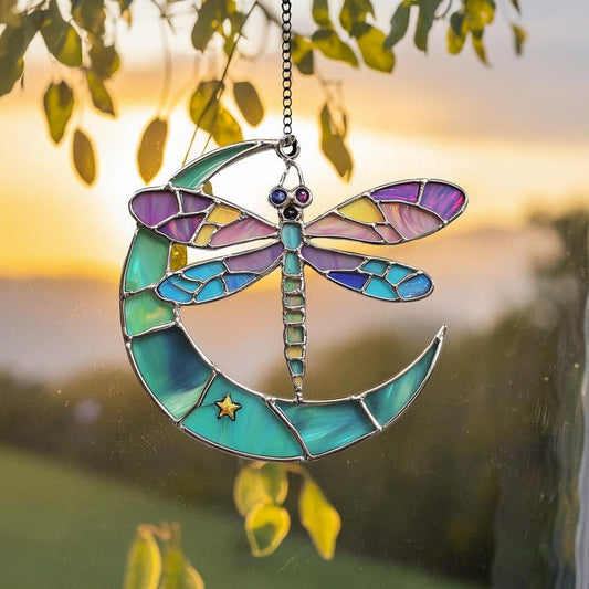 Dragonfly and Crescent Moon Stain Glass Suncatcher