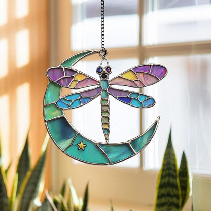 Dragonfly and Crescent Moon Stain Glass Suncatcher