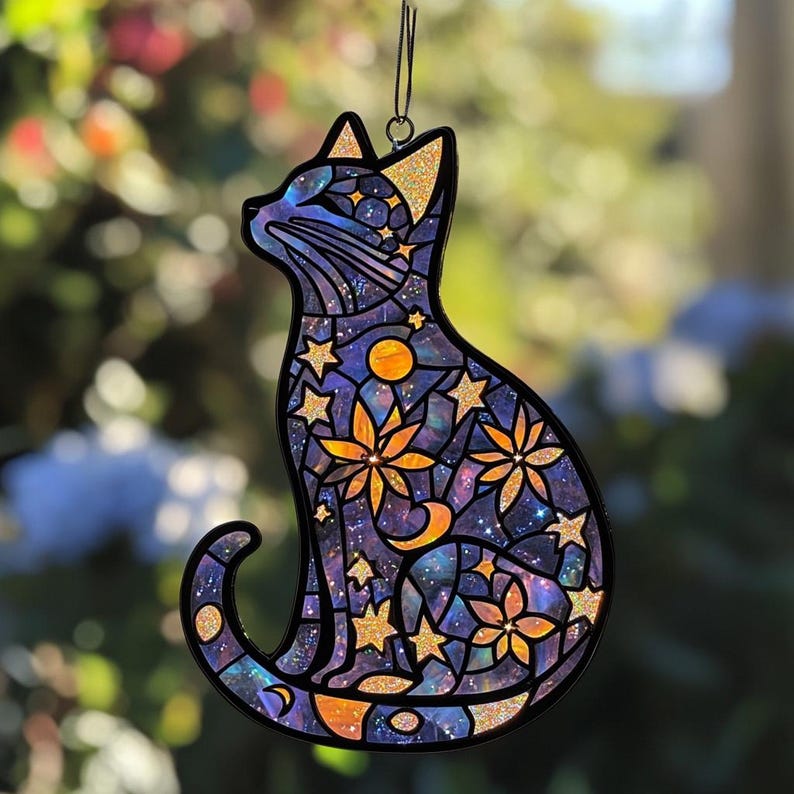 Celestial Cat Stain Glass Suncatcher
