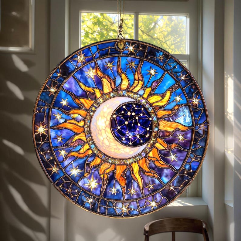 Celestial Sun Moon Stained Glass Suncatcher