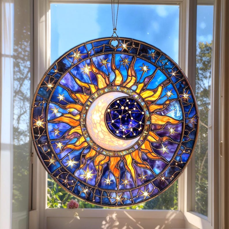 Celestial Sun Moon Stained Glass Suncatcher