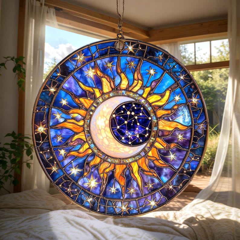 Celestial Sun Moon Stained Glass Suncatcher