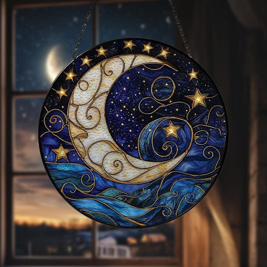 Moon and Star Stained Glass Suncatcher