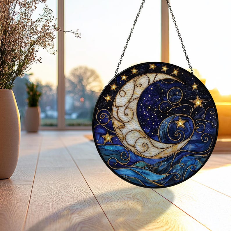 Moon and Star Stained Glass Suncatcher