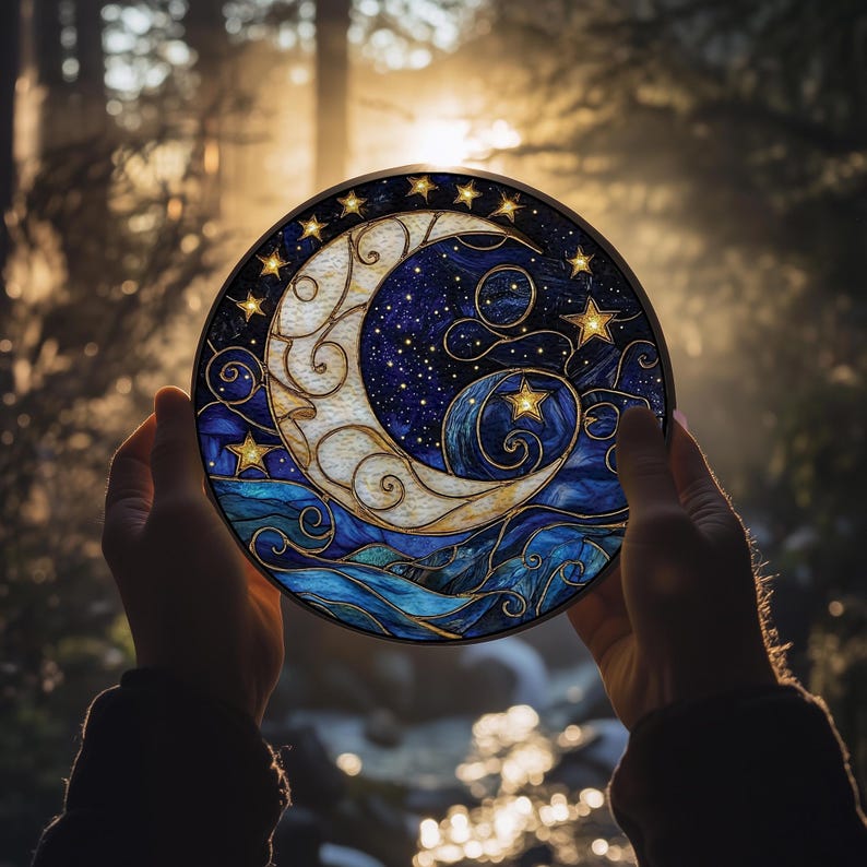 Moon and Star Stained Glass Suncatcher