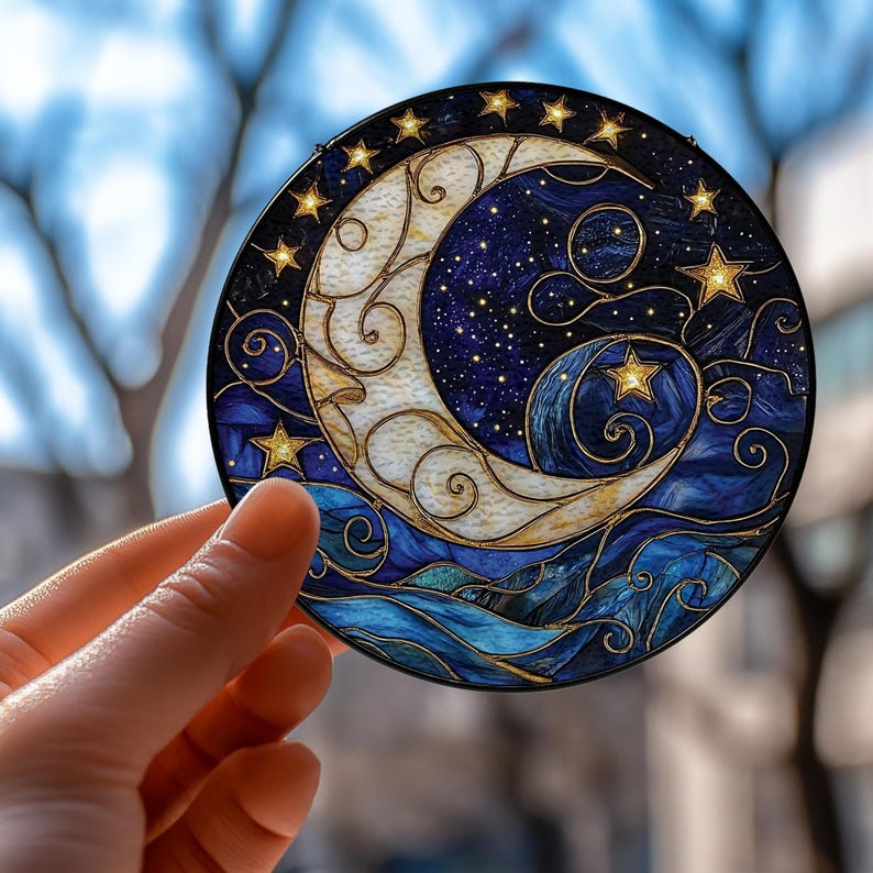 Moon and Star Stained Glass Suncatcher