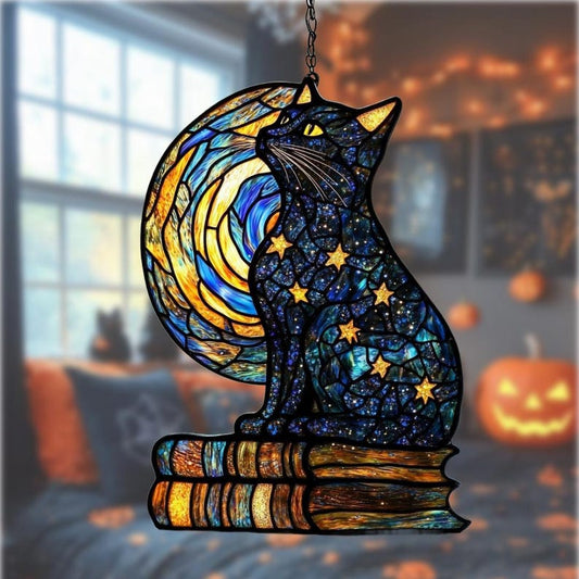 Celestial Cat & Book Stain Glass Suncatcher