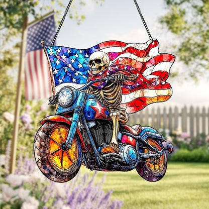 Skeleton Biker Faux Stained Glass Suncatcher