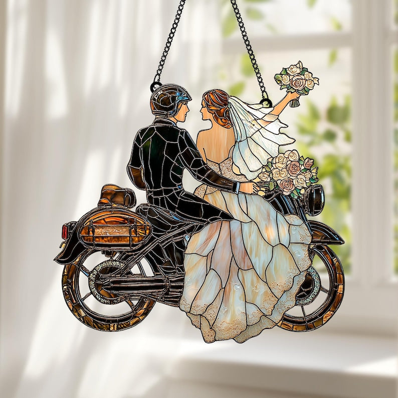 Romantic Biker Wedding Faux Stained Glass Suncatcher