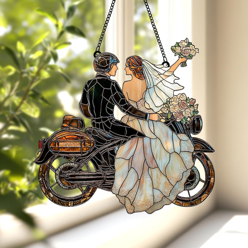 Romantic Biker Wedding Faux Stained Glass Suncatcher