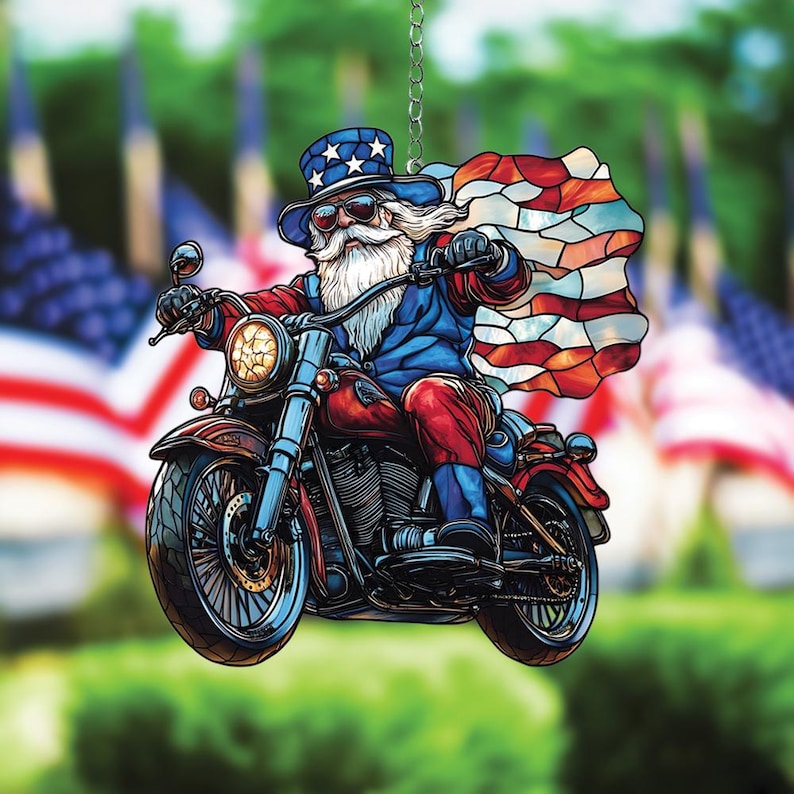 USA Biker Uncle Sam Faux Stained Glass Suncatcher