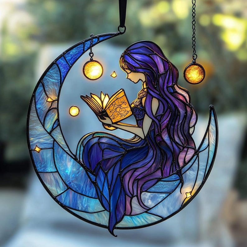 Moon Fairy – Celestial Stained Glass Suncatcher Girl with Book