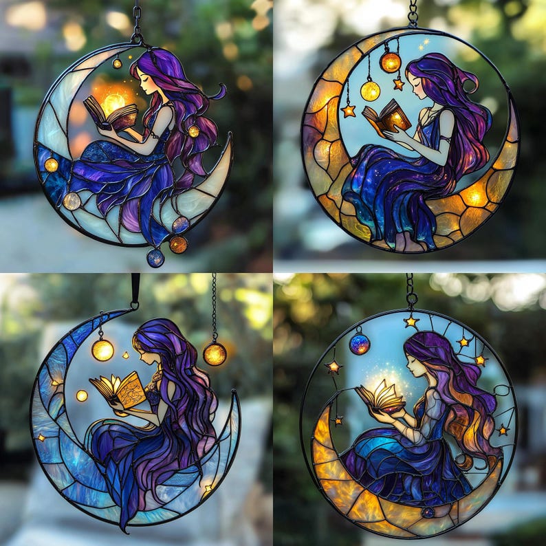 Moon Fairy – Celestial Stained Glass Suncatcher Girl with Book