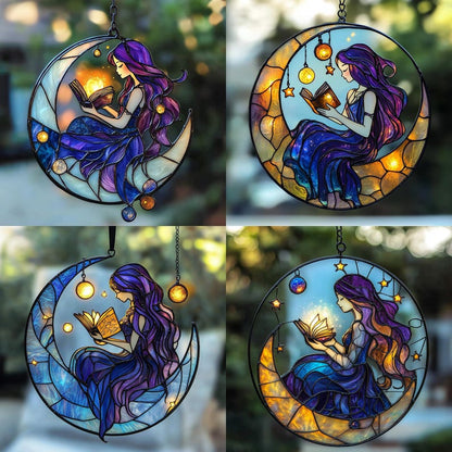 Moon Fairy – Celestial Stained Glass Suncatcher Girl with Book