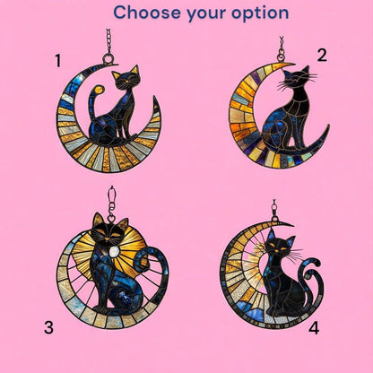 Midnight Cat And Crescent Moon Stain Glass Suncatcher