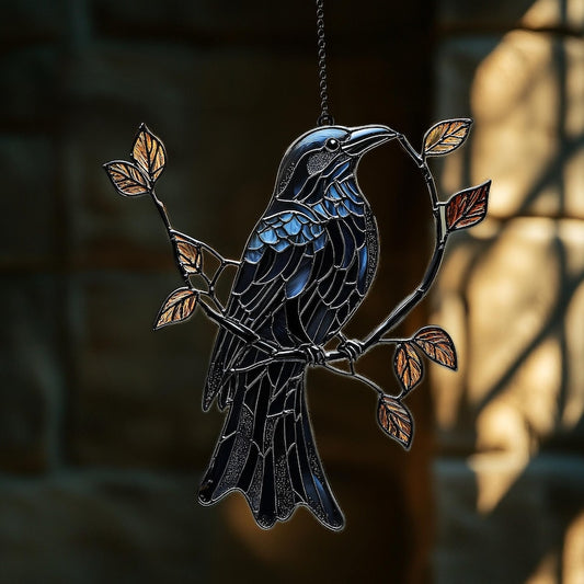 Black Raven on Branch Stained Glass ACRYLIC Suncatcher
